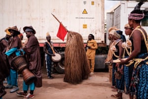 Performers take part in a parade during the Dakar carnival in Senegal