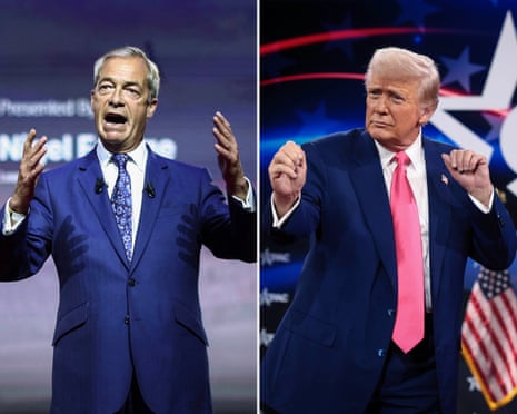 Nigel Farage at the Conservative Political Action Conference, London, July 2026, and Donald Trump at the Conservative Political Action Conference, Maryland, February 2025.