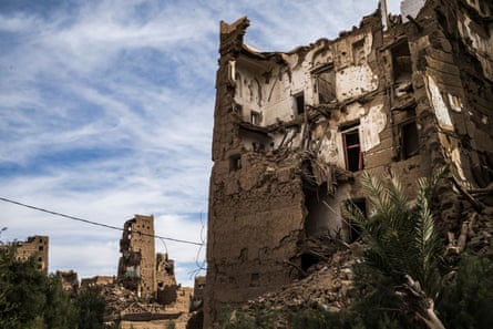 Houses in Saada, northern Yemen, destroyed by bombing in the civil war.