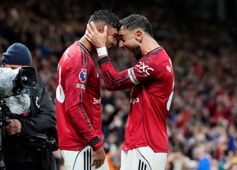 Casemiro (left) celebrates with fellow goalscorer Bruno Fernandes after scoring Manchester United’s second goal.