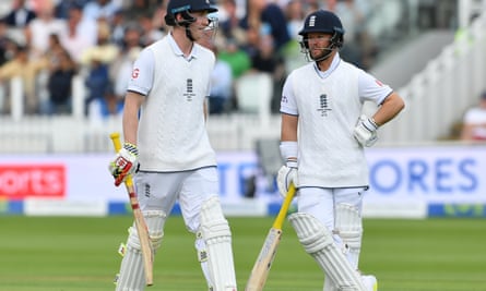 Harry Brook (left) walks off after being dismissed by Pat Cummins at Lord’s