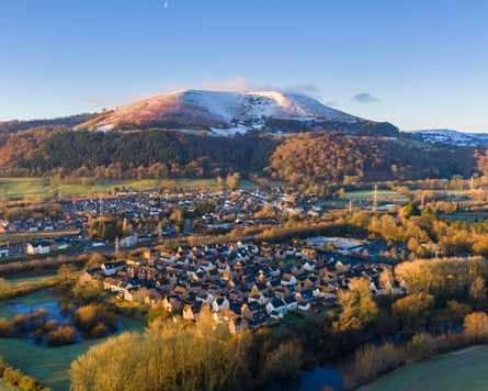 A view of houses, trees and a hill in the background