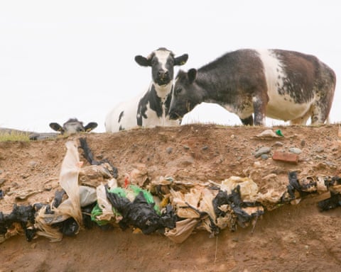 Landfill rubbish revealed in sea cliffs on Walney Island.