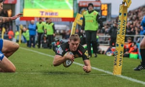 Extere’s captain, Gareth Steenson, flies over for a try against Bath. Extere’s captain, Gareth Steenson, flies over for a try against Bath.