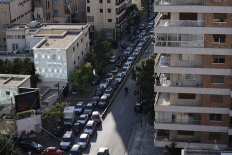 An aerial view of bumper to bumper traffic in Beirut.