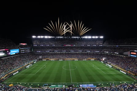 Fireworks erupt above Lincoln Financial Field during a Club World Cup match in 2025.