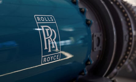Rolls-Royce signage on a model of an engine at the Farnborough international airshow in July 2022