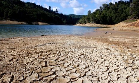 The Cosseys Dam in New Zealand’s Hunua Ranges pictured at about 50% capacity in April 2020.