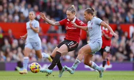Leah Galton (left) fires home Manchester United’s second goal