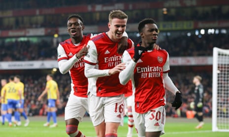 Eddie Nketiah (right) celebrates with Rob Holding and Folarin Balogun after a scoring the first goal of a wonderful poacher’s hat-trick against Sunderland, the first treble of his career.