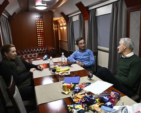 Danish prime minister Mette Frederiksen, Swedish prime minister Ulf Kristersson, Norwegian prime minister Jonas Gahr Støre on the night train to the Ukrainian capital Kyiv to show continued support on the fourth anniversary of Russia’s full-scale invasion.