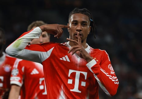 Bayern Munich's Michael Olise celebrates scoring their second goal.