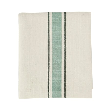 White tea towel with thick blue stripe and thin black stripes either side
