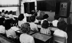 School pupils watching television, circa 1950.