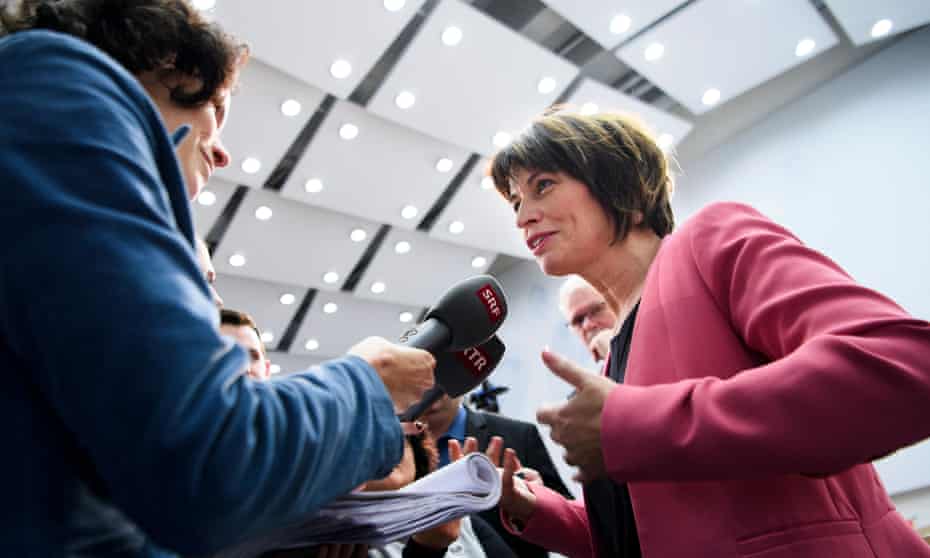 Swiss federal councillor Doris Leuthard, the head of the Department of the Environment, Transport, Energy and Communications, speaks after a media conference on the ‘No Billag’ initiative.