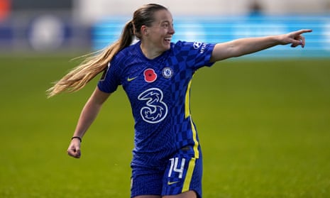 Fran Kirby celebrates scoring Chelsea’s third goal in their 4-0 destruction of Manchester City.