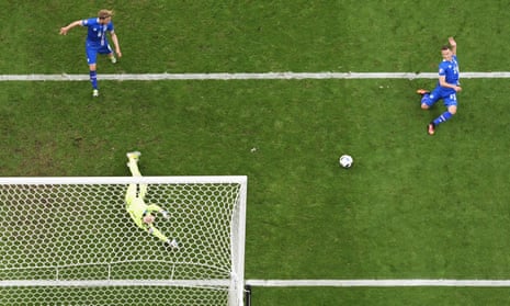 Arnor Ingvi Traustason of Iceland scores his team’s second goal in the last minute