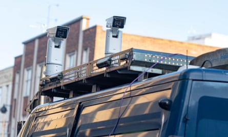 Facial recognition cameras in use in Romford, Essex.