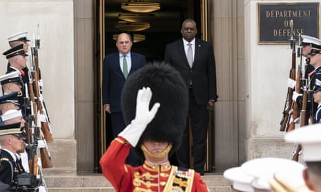 Ben Wallace, Britain’s secretary of defence, left, stands alongside his American counterpart, Lloyd Austin during an honour cordon ceremony, upon his arrival at the Pentagon on 11 May.