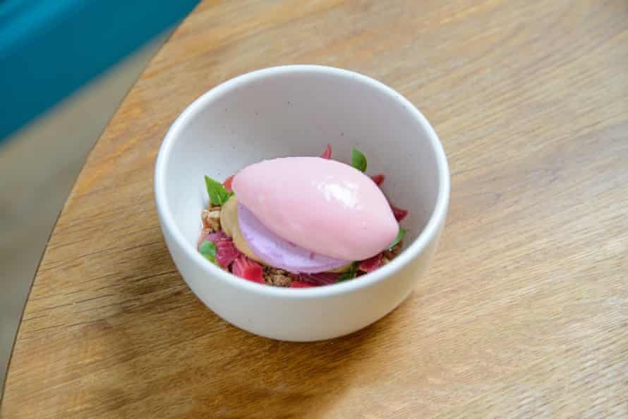 Benoli’s rhubarb almond butter gelato with hibiscus and white chocolate.