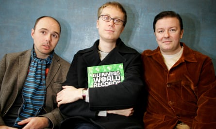 Karl Pilkington, Stephen Merchant and Ricky Gervais after setting the Guinness world record for the most downloaded podcast in 2006.