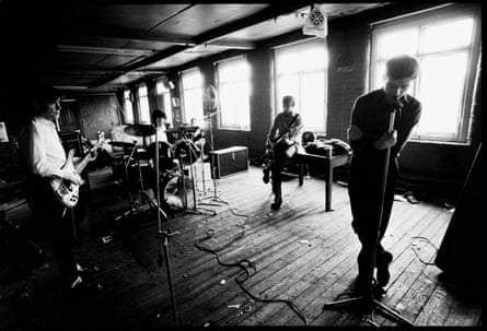 Joy Division (l-r, Bernard Sumner, Stephen Morris, Peter Hook, Ian Curtis) at TJ Davidson’s rehearsal room, Little Peter Street, Manchester. 19 August 1979.