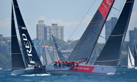 Smuggler (left) and Wild Oats during the start of the 2022 Sydney to Hobart Yacht Race on Monday.