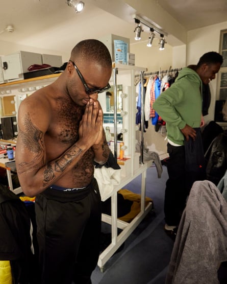 Behind the scenes with Kel Matsena as he prepares for his role as Raheem Sterling in Dear England, at the Prince Edward Theatre in London’s West End, January 2024