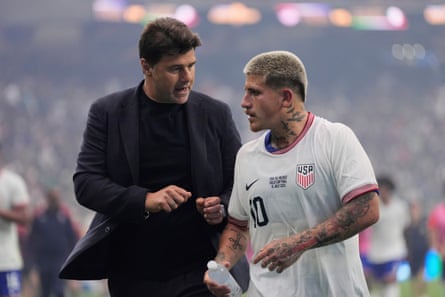 Mauricio Pochettino,Diego LunaUnited States head coach Mauricio Pochettino, left, talks with midfielder Diego Luna (10) as they walk off the field at halftime of the team’s CONCACAF Gold Cup final soccer match against Mexico in Houston, Sunday, July 6, 2025.