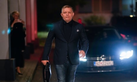 Former Prime Minister Robert Fico arrives to his party’s headquarters after polling stations closed for an early parliamentary election, in Bratislava, Slovakia, Saturday, Sept. 30, 2023.