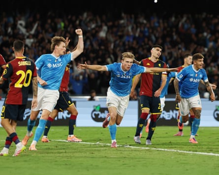 Napoli’s Rasmus Højlund (centre) celebrates scoring the winner against Genoa