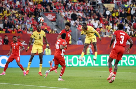 Ghana’s Jonas Adjetey heads on target.
