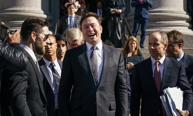 musk laughs among group of men outside court in New York