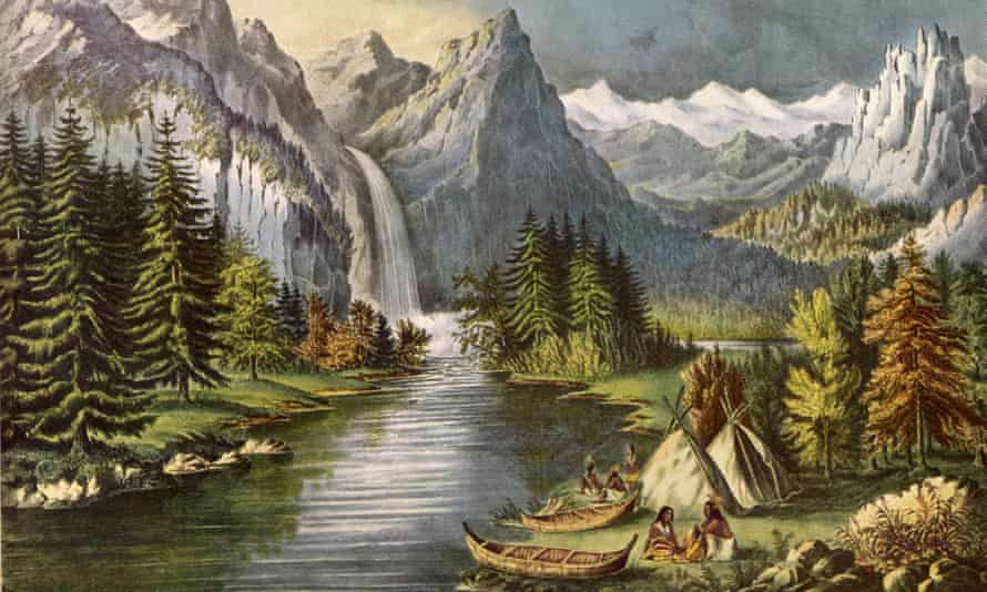 Circa 1700, a Native American camp at the side of the Merced river in the Yosemite valley.