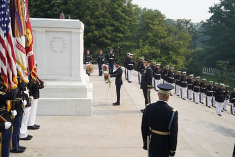 Rishi Sunak laying a wreath at the Tomb of the Unknown Soldier in Arlington National Cemetery in Washington earlier today.