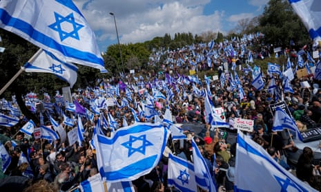 Israelis in Jerusalem protest against plans by Netanyahu’s  government to overhaul the judicial system.