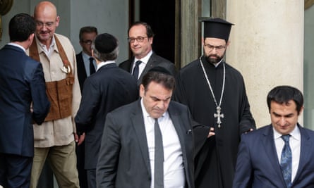 The French president, François Hollande, hosted a meeting with religious leaders following Tuesday’s attack at a Normandy church.