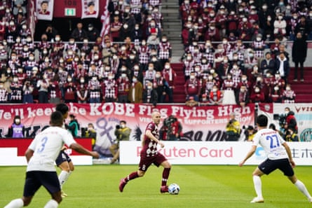 Andrés Iniesta (centre) in action for Vissel Kobe against Yokohama FC in their only J League match so far this season, which finished 1-1.