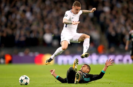 Kieran Trippier, here jumping over Casemiro, helped Tottenham to expose the space behind Real Madrid’s full-backs.