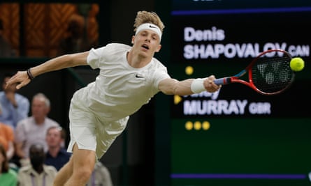 Denis Shapovalov returns in his comprehensive victory over Andy Murray in the third round.