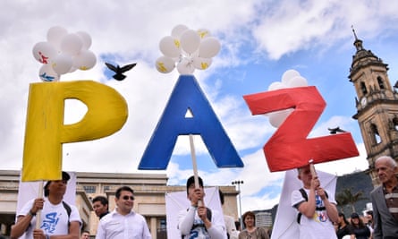 People gather at Bogotá’s main square to celebrate the historic peace agreement.