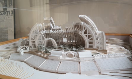 A model of the complete Arcosanti. The dark grey buildings have been completed.