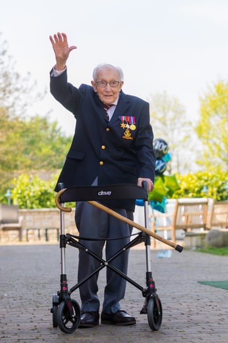 Captain Tom Moore after completing the 100th length of his back garden in Marston Moretaine, April 2020.
