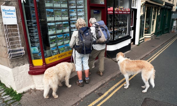 women walk their dogs and peer into an estate agent window