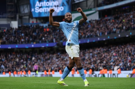 Antoine Semenyo celebrates after scoring for Manchester City against Wolves.