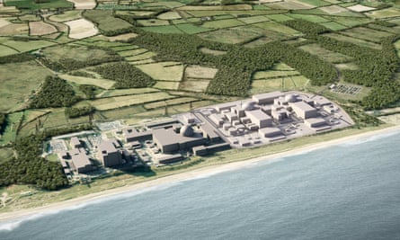Illustration of Sizewell C nuclear power plant (lighter buildings, right) which will be built next to Sizewell B.