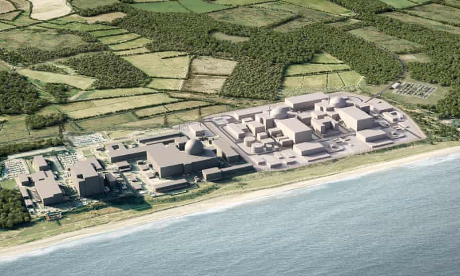 Illustration of the planned Sizewell C nuclear power plant in Suffolk lighter buildings right which will be built next to Sizewell B