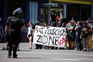 Counterprotesters march in opposition to a rally organized by the far-right group Patriot Prayer in Portland, Oregon.