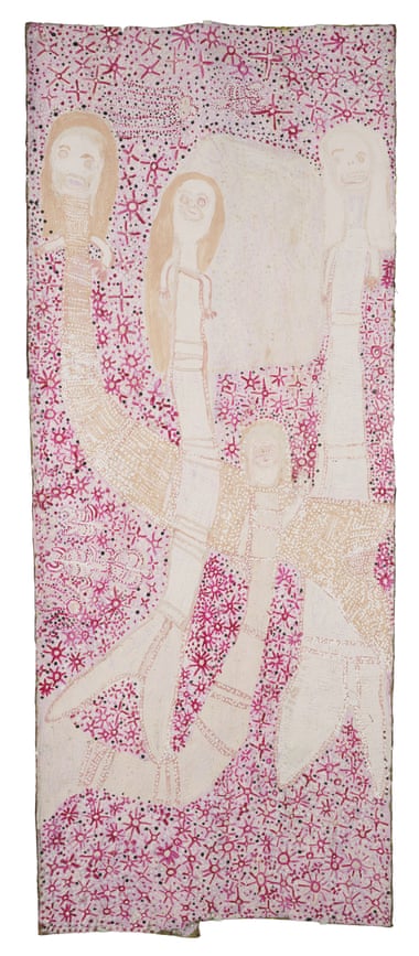 A colorful painting by Ms D Yunupingu featuring pink flowers and some abstract figures on a large piece of cloth