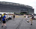 Fans kick a ball outside MetLife Stadium.